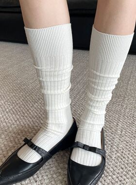 日系宽条纹袜子女针织小腿袜白粉色基础款纯色中筒堆堆袜子女ins