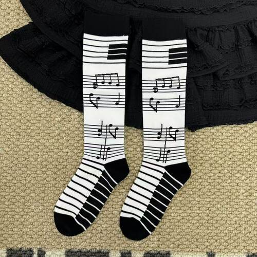 秋冬拼色音符y2k复古小腿袜洛丽塔少女个性小众五线谱中筒袜女潮
