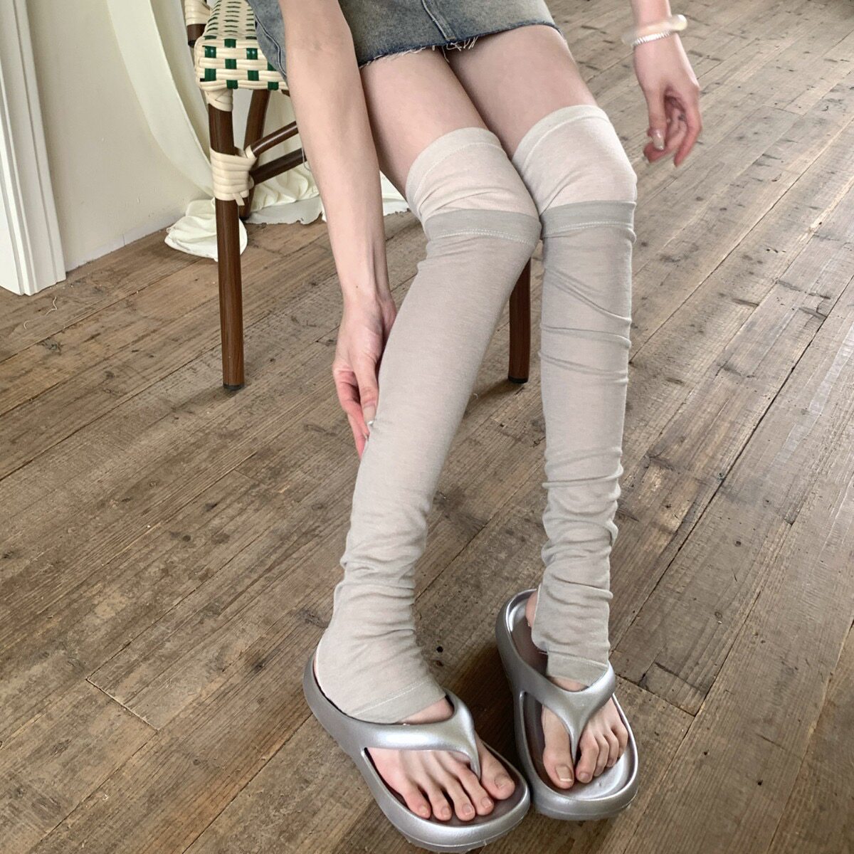 灰色双层拼接薄款过膝袜套堆堆袜女夏季芭蕾风韩系踩脚长筒袜腿套