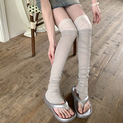 灰色双层拼接薄款过膝袜套堆堆袜女夏季芭蕾风韩系踩脚长筒袜腿套