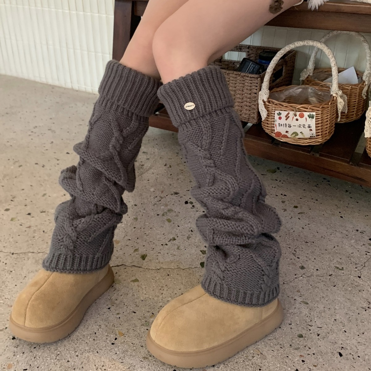 灰色麻花袜套秋冬加厚保暖韩系粗线针织翻边腿套堆堆袜纯色小腿袜