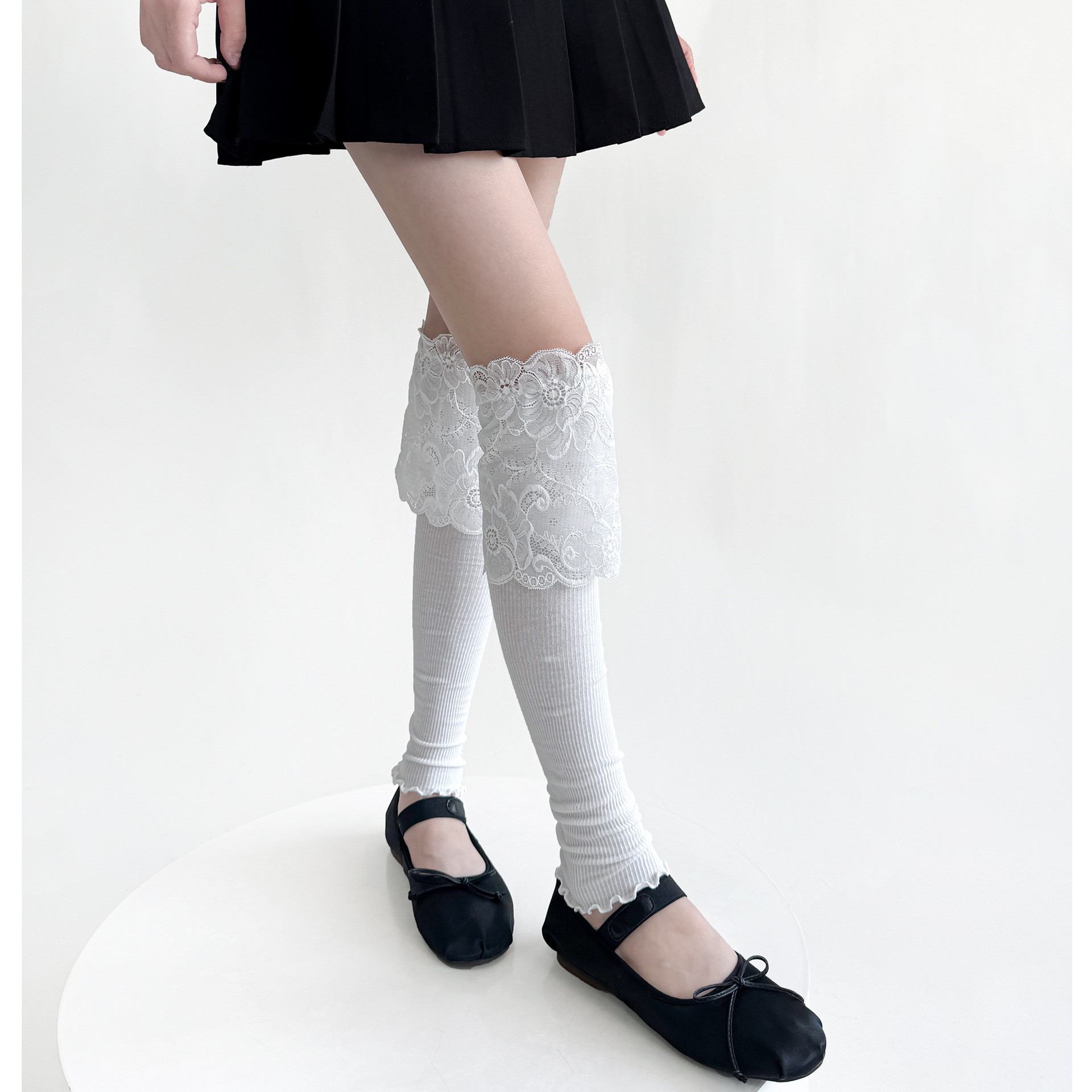 夏季新款木耳边细条腿套个性设计立体蕾丝大花边莫兰迪色堆堆袜套