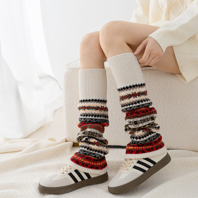 波西米亚风加厚羊毛堆堆袜套荧光迷彩撞色脚套保暖叠穿民族