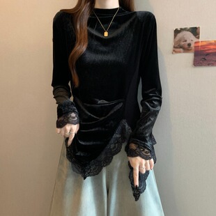 秋冬不规则金丝绒打底衫 胖mm内搭蕾丝拼接显瘦上衣1010z 女早大码