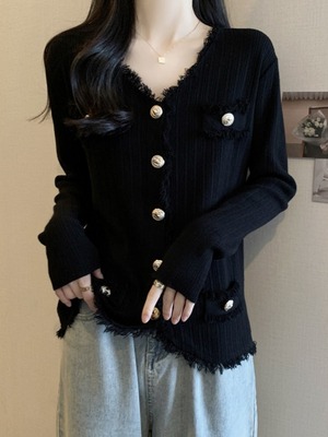 法式别致v领小香风针织开衫女2025秋冬大码胖mm独特毛衣外套上衣