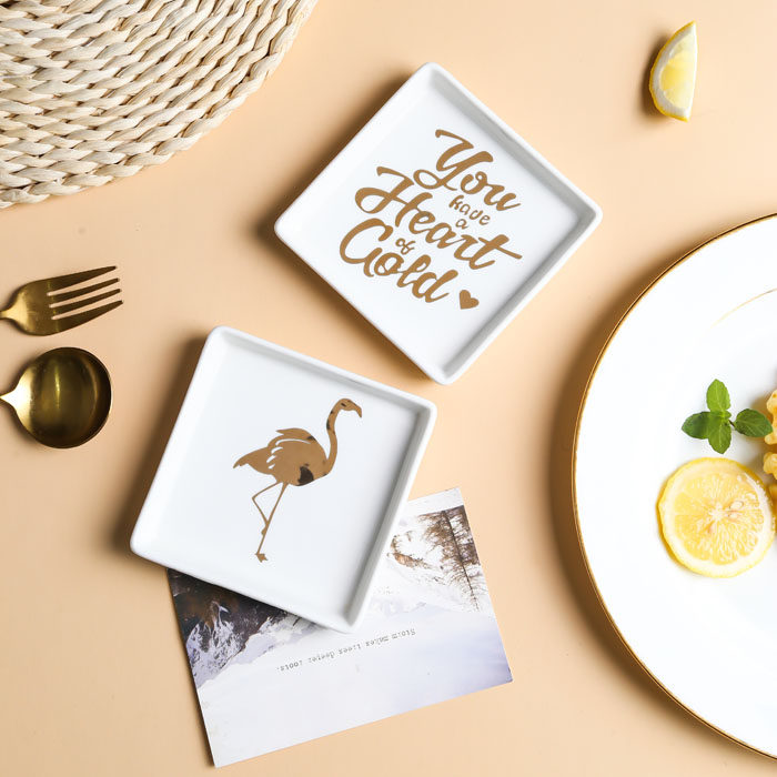 in黄金镶边风风盘正方形火烈鸟图案首饰收纳碟 欧式甜品盘包邮