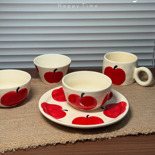 出口韩国高颜值手绘苹果马克杯釉下彩陶瓷情侣咖啡杯早餐盘礼物