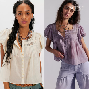 现货 FREE PEOPLE 复古蕾丝风百搭休闲V领系带短袖衬衫女