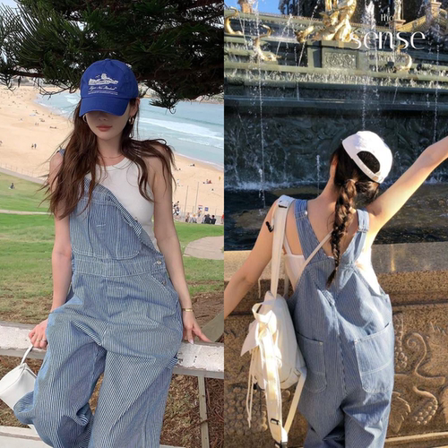 气质显瘦休闲牛仔条纹背带裤女