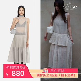 正品现货Amomento气质叠穿透视褶皱无袖连衣裙百褶系带小帘裙套装