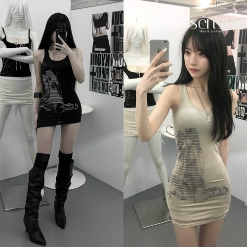 人物印花迷你修身背心连衣裙女