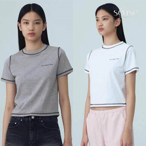 明线撞色正肩修身显瘦短袖T恤女