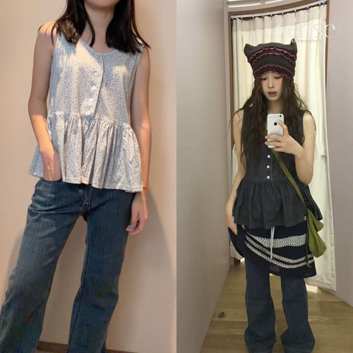 灰色波点无袖上衣荷叶边背心