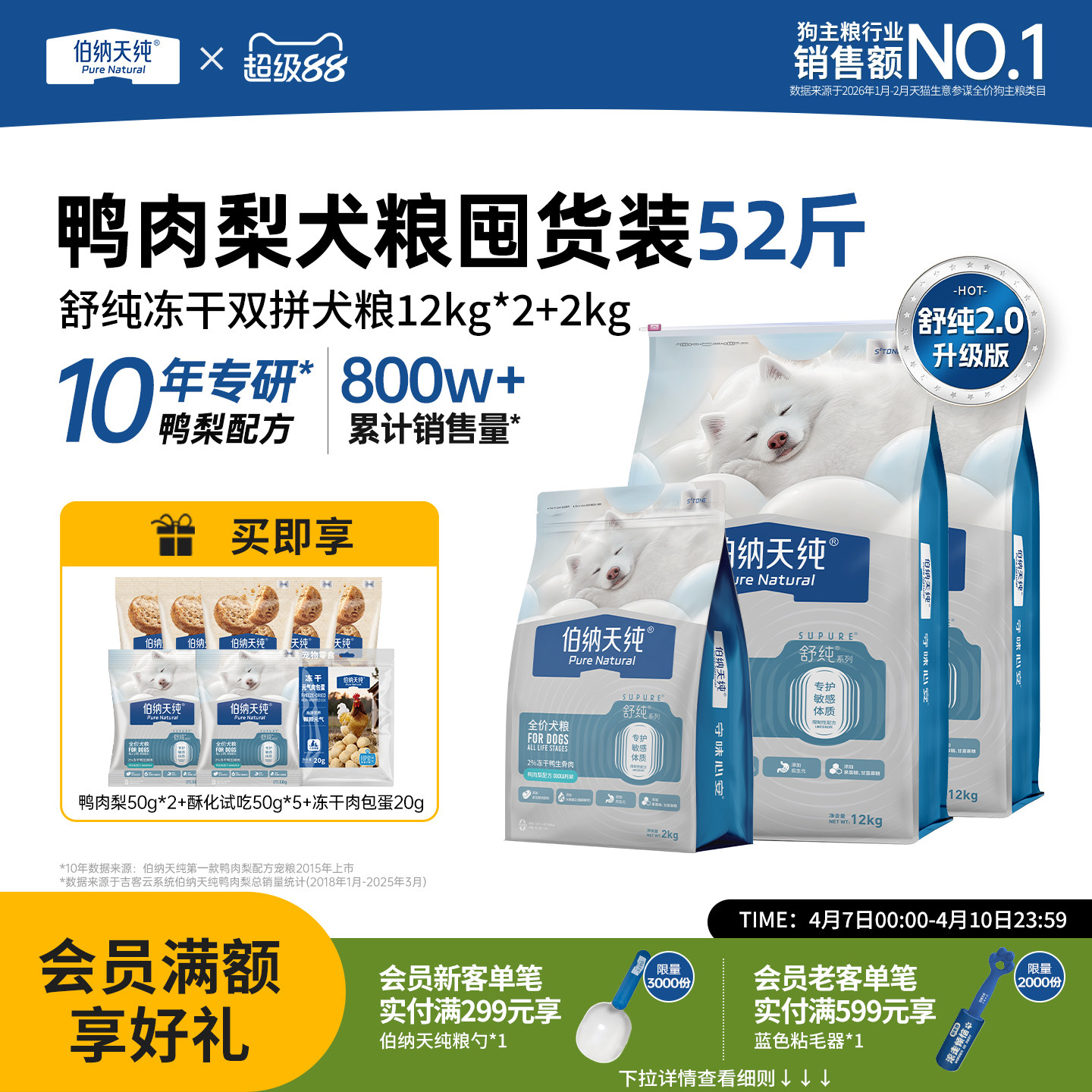 【舒纯2.0升级款】伯纳天纯生骨肉冻干狗粮成犬幼犬鸭肉梨26kg