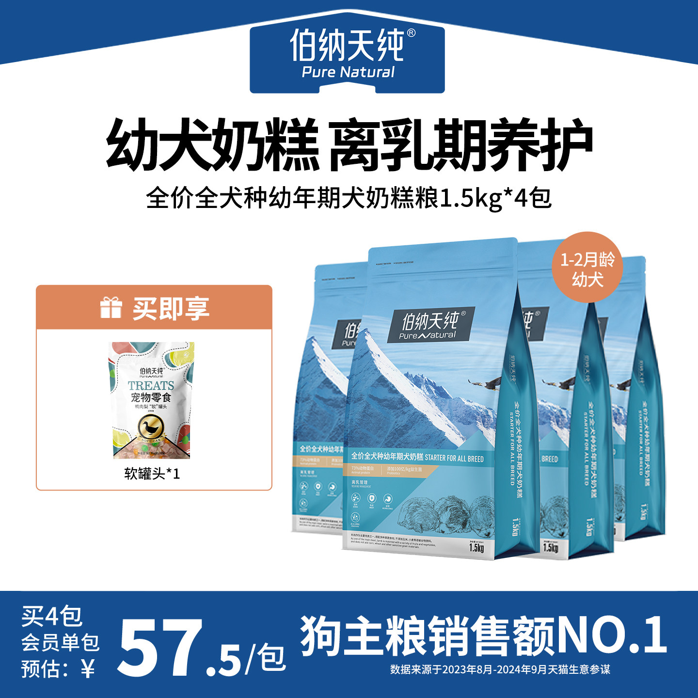 【4包85折】伯纳天纯经典狗粮幼犬奶糕粮通用小型犬幼犬粮1.5kg