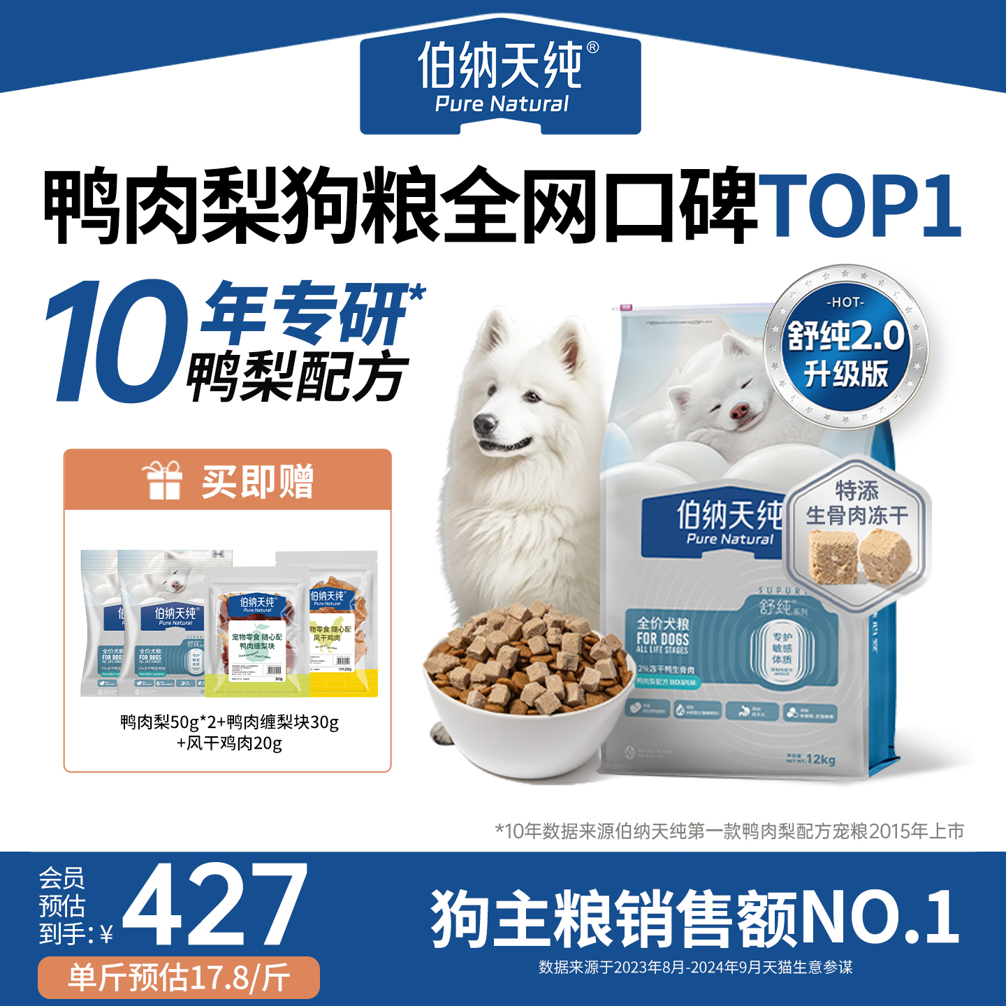 【舒纯2.0升级款】伯纳天纯狗粮鸭肉梨低敏比熊金毛成犬幼犬