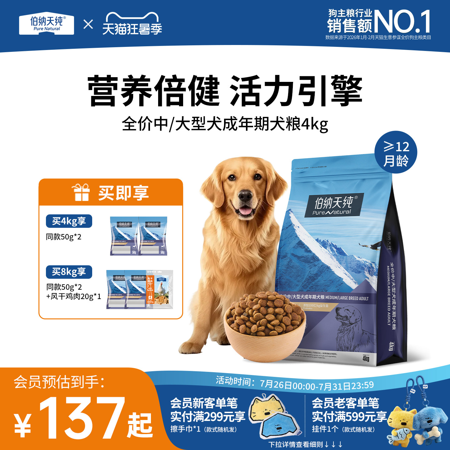 伯纳天纯经典中/大型犬成犬粮4kg金毛拉布拉多哈士奇低敏天然狗粮