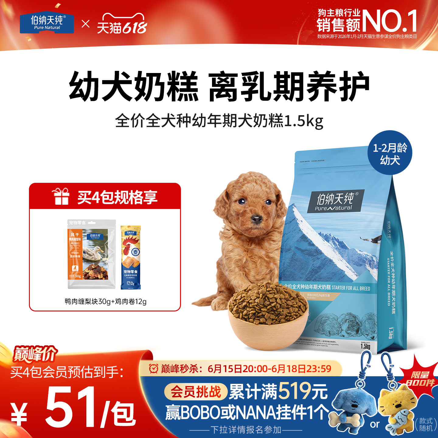 伯纳天纯经典狗粮幼犬奶糕粮金毛泰迪小型犬通用幼犬专用粮1.5kg