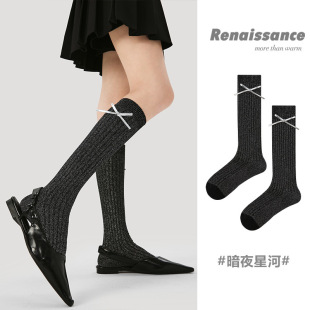 Renaissance创意黑色韩版 少女春秋miu风长袜可爱蝴蝶结中筒女袜