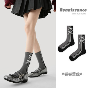 Renaissance秋冬新款 中筒袜蝴蝶结堆堆袜黑灰拼色简约ins潮袜子女