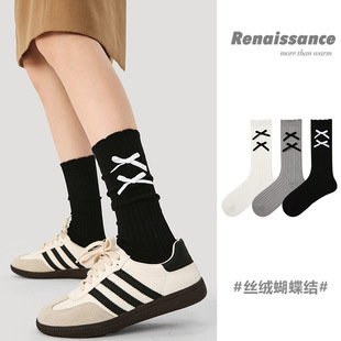 Renaissance创意蝴蝶结miu系袜子女薄款 花边甜美芭蕾风中筒堆堆袜