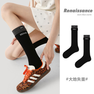 Renaissance秋冬新款 中筒袜假两件堆堆袜百搭刺绣字母ins潮袜子女