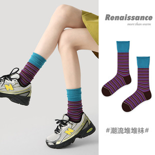 Renaissance原创女袜秋冬中筒袜无骨堆堆袜拼色细纹简约ins袜子女