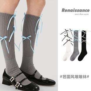 Renaissance创意蝴蝶结袜子女堆堆袜芭蕾风miu系显瘦jk长筒小腿袜