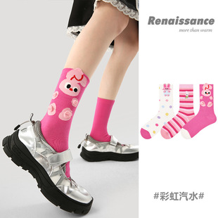 Renaissance原创女袜春夏季 卡通兔子中筒袜粉色条纹无骨袜子女