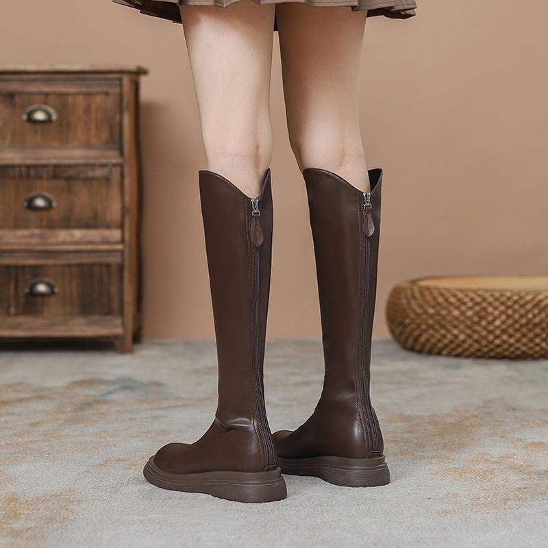真软皮不过膝靴子女长筒靴女小个子平底高筒骑士靴v口棕色长靴女