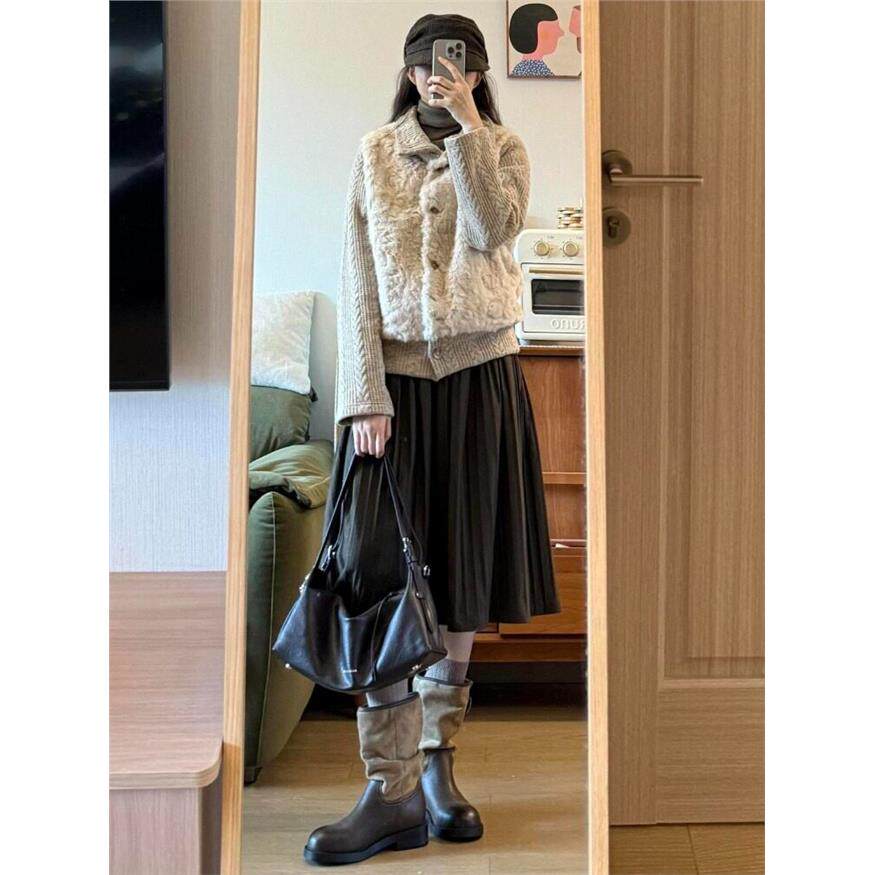 复古少女风驼色毛毛拼接