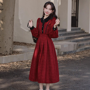 新年战袍红色女装 小香风连衣裙圣诞裙子 木耳边设计感减龄收腰法式