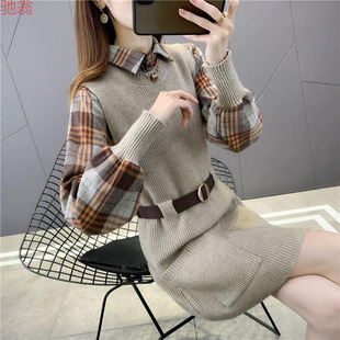 毛衣针织打底衫 中长款 马甲连衣裙两件套2021新款 Y9Z秋冬格子衬衫