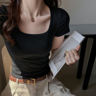 高级感修身 韩系纯棉方领内搭打底衫 辣妹时尚 t恤女式 上衣 正肩短袖