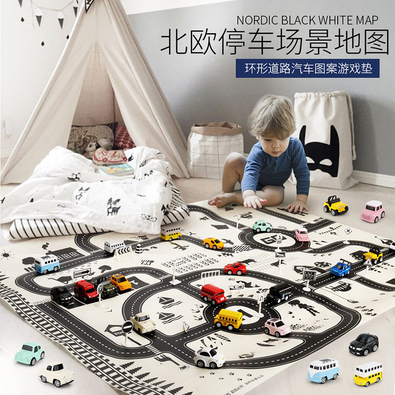 跨境玩具ins北欧黑白130*100儿童交通停车场地图汽车随身游戏垫