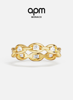 APM Monaco金黄色密镶链环戒指情侣对戒浪漫手饰送人生日圣诞礼物