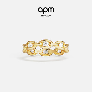 APM Monaco金黄色密镶链环戒指情侣对戒浪漫手饰新年情人节礼物