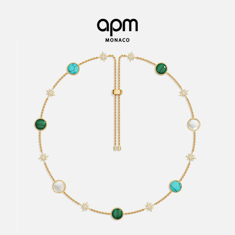 APM Monaco金黄色Valentine三色项链珍珠贝母孔雀石流星锁骨链
