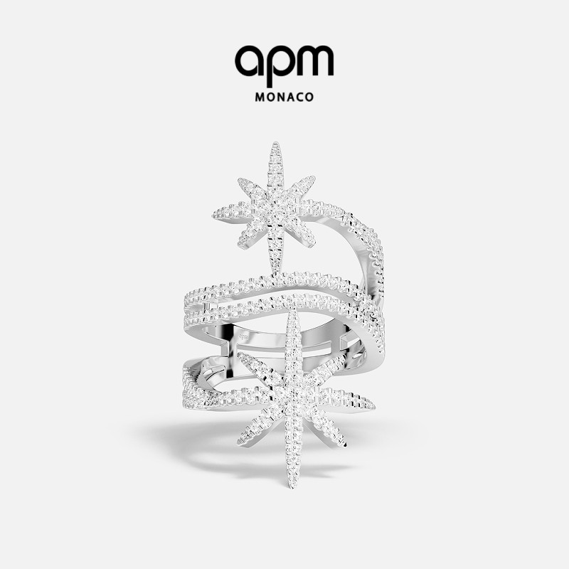 APM Monaco白色M&eacute;t&eacute;orites双流星戒指环绕六芒星时尚个性礼物