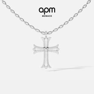 APM Monaco个性十字架链环项链银白镂空经典优雅毛衣链情人节礼物