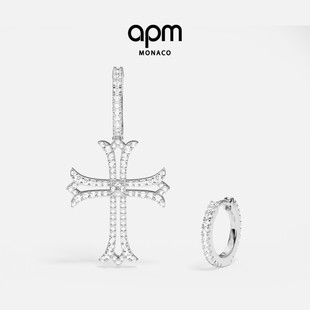 APM Monaco个性十字架不对称圈形耳环镂空银白中号耳饰情人节礼物