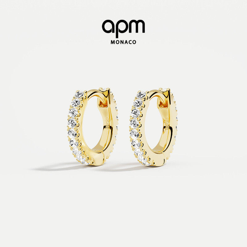 APM Monaco金黄色Promesse圈形耳环几何线条简约耳