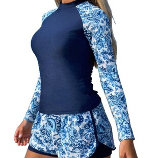 跨境欧美泳装竞速潜水服长袖印花双层裤头女分体坦基尼泳衣女