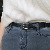 简约百搭休闲纯头层牛皮黑色细皮带女士复古针扣细腰带真皮窄裤 带