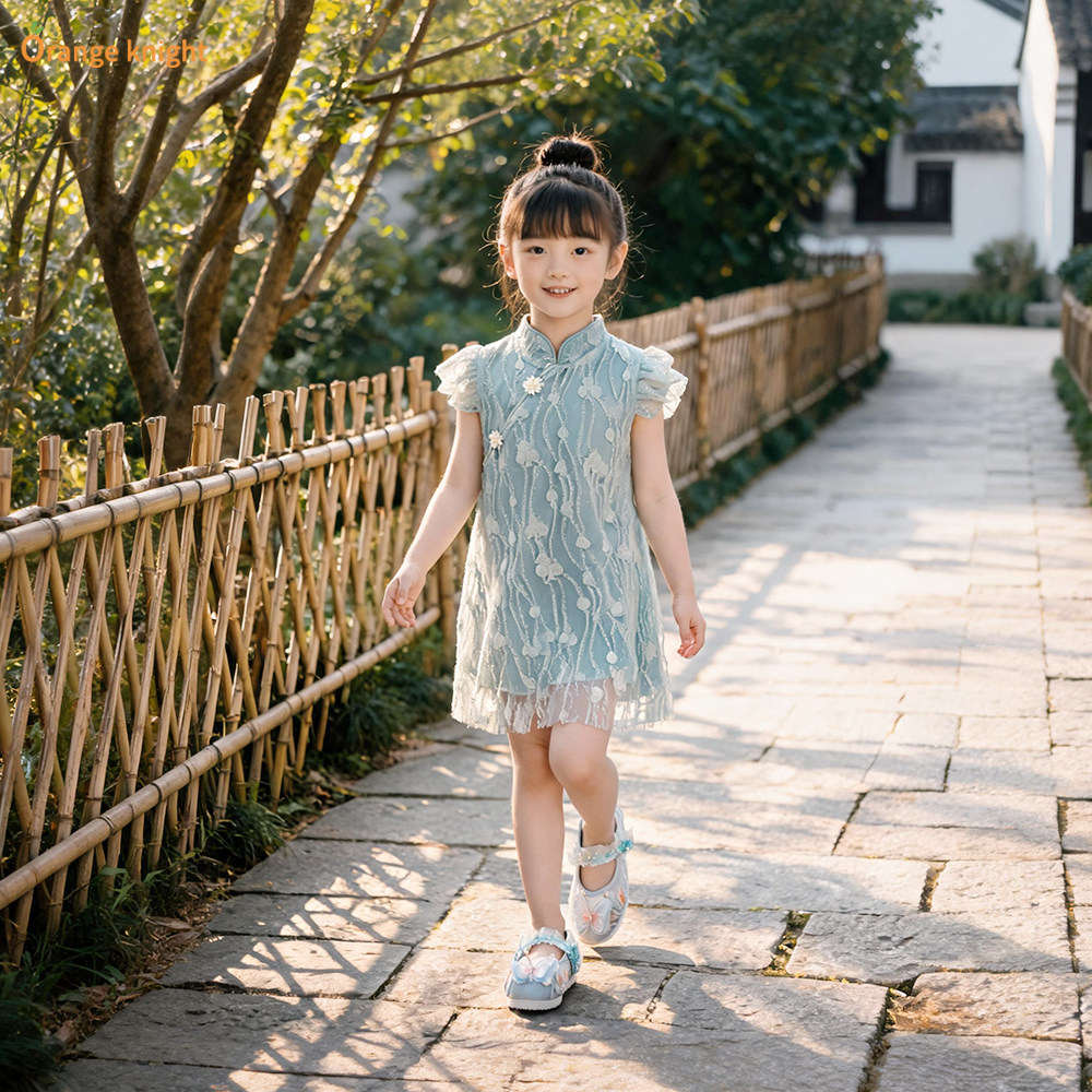2026夏季小女孩古风盘扣裙民族风碎花拼接网纱无袖背心国风连衣裙