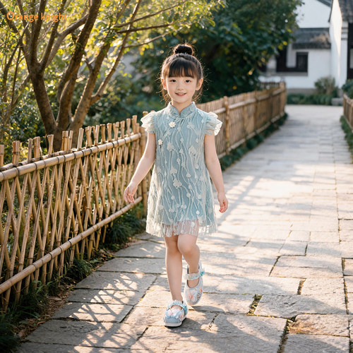2026夏季小女孩古风盘扣裙民族风碎花拼接网纱无袖背心国风连衣裙