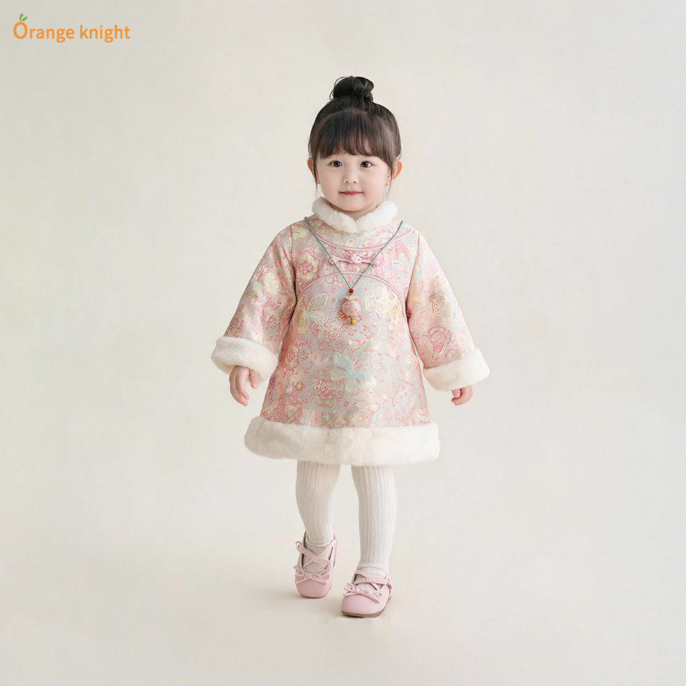 小女孩中国风冬季装连衣裙女宝宝加绒加厚儿童洋气中式礼服拜年服