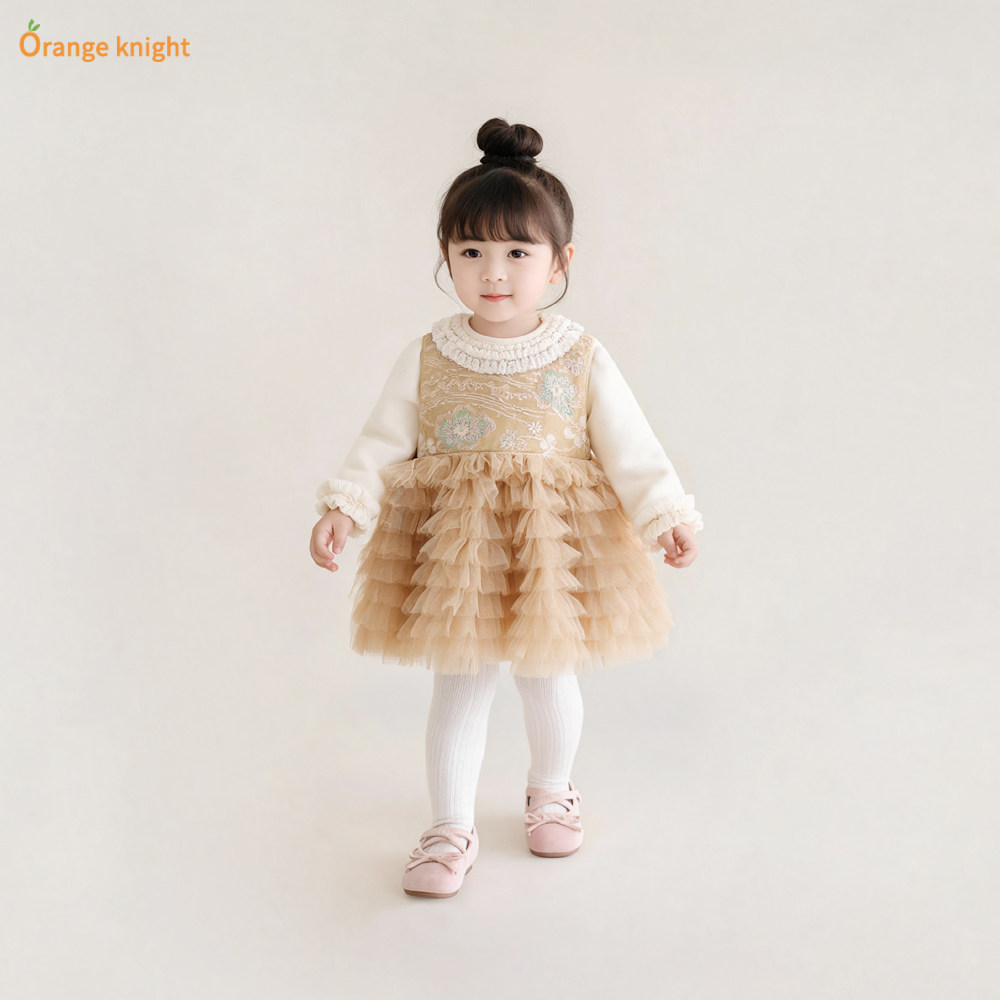 高级香槟色女宝宝公主蓬蓬裙春秋季新款童装儿童连衣裙生日礼服裙