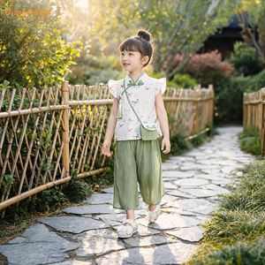 儿童夏款中式蝴蝶印花无袖上衣中国风两件套小女孩新中式汉服套装