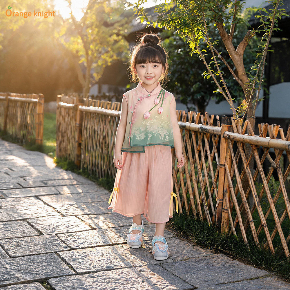 小女孩夏季装新中式花朵立体花朵薄款两件套2026新款国风短袖套装